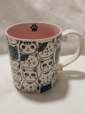 Spectrum Designz Pink & Black Multiple Cat Face Large Coffee Tea Mug NWT